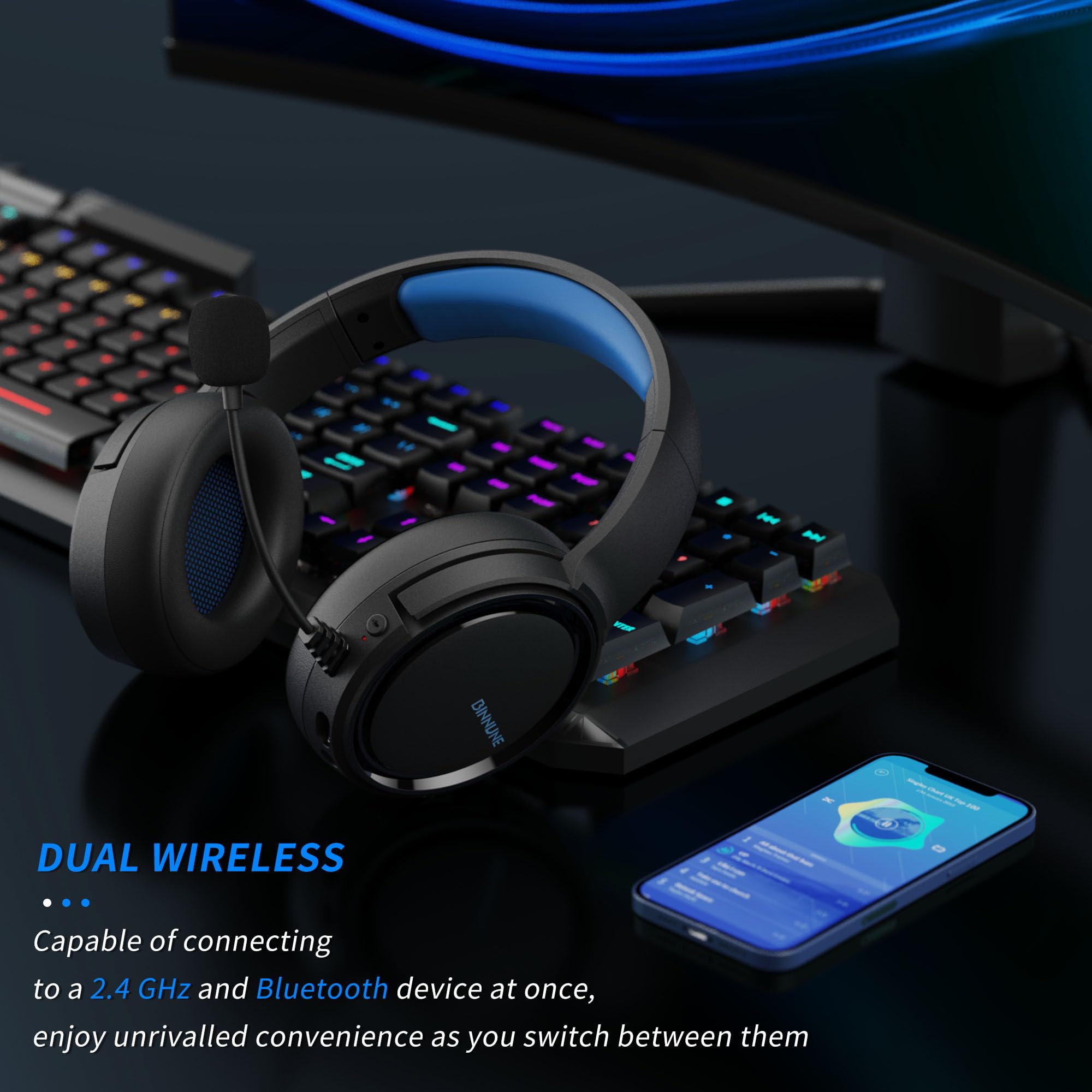 Binnune Wireless Gaming Headset, 2.4Ghz Gaming Headphones For Ps4, Ps5, Pc, Ns, Bluetooth 5.3 Headphones With 40Hr Battery, Nois